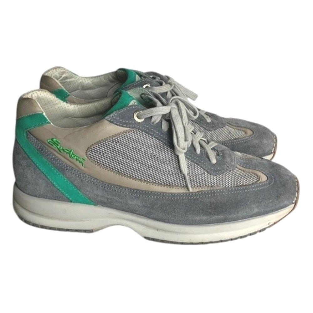 Santoni Club Suede Mesh Sneakers Mens 7 Gray Green Italian Luxury Low Top